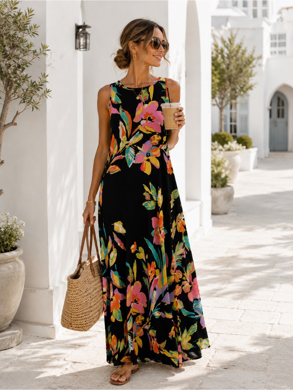Vince Camuto Black Tropical Floral Sleeveless Maxi Dress Size Large Made in USA - Picture 2 of 16